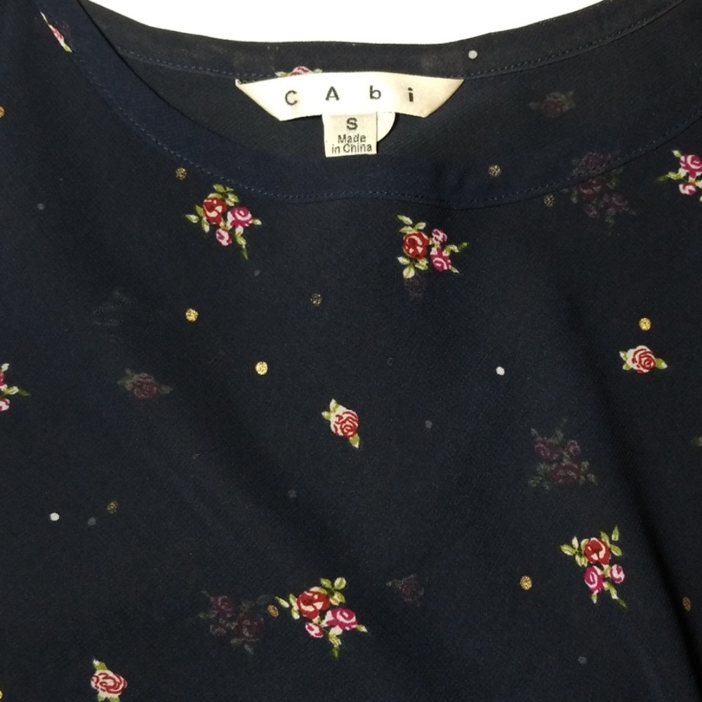 Cabi Navy Blue Floral Print & Gold Polka Dots Camisole Tank Women's Size S - Picture 2 of 5